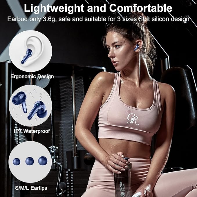 Wireless Earbuds, Bluetooth 5.4 Headphones, ENC Noise Cancelling Mic Ear buds with Stereo Bass, 48H Playtime Earphones , LED Display, IP7 Waterproof In Ear EarBuds for Phone Android iOS Sports, Blue