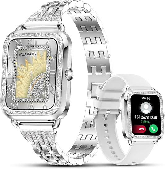 Efolen Smart Watches for Women with Diamonds (Answer/Make Call), 1.57'' Bluetooth Smartwatch for Android iOS Phones, Waterproof Fitness Tracker with Heart Rate/SpO2/Sleep/BP/AI Voice (Silver)