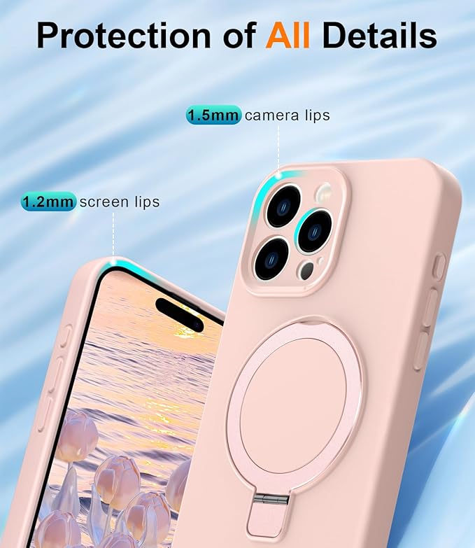 ZHK Liquid Silicone Designed for iPhone 15 pro Case with Magnet Stand, [Precise Camera Lens Protection][Mil-Grade Drop Shockproof][Soft Anti-Scratch Microfiber Lining] Slim Fit Cover, Pink