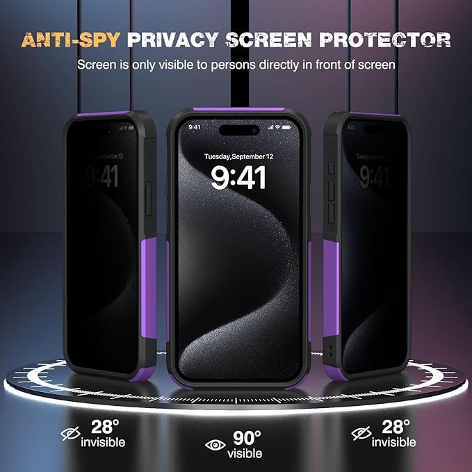 Diaclara Designed for iPhone 15 Pro Max Case, [with Privacy Screen Protector] [Anti Spy] [Military Grade Drop Protection] Heavy Duty Full-Body Shockproof Phone Case, Purple