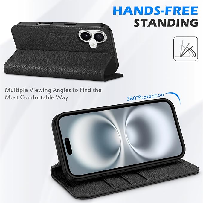 SHIELDON Case for iPhone 16 6.1" 2024, Genuine Leather Wallet Magnetic Cover RFID Blocking Card Slot Kickstand Shock-Absorbent TPU Phone Holder Case Compatible with iPhone 16 5G - Pebbled Black