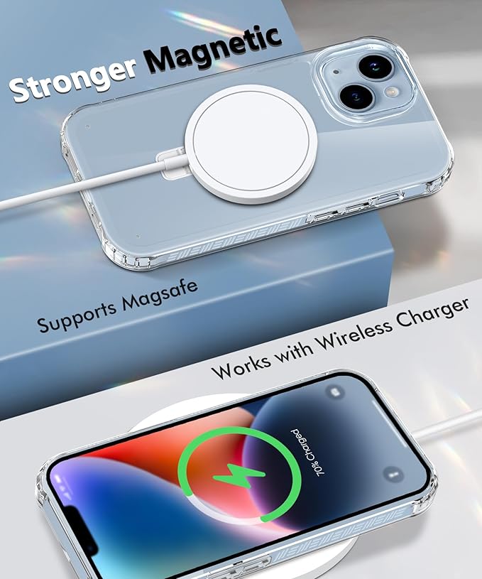 Compatible with iPhone 14 Plus Case, Built-in Screen Protector & Seamless Stand, with Camera Lens Protector, Strong Magnetic Clear Phone Case, Full Body Protective Cover for 6.7" (Clear)