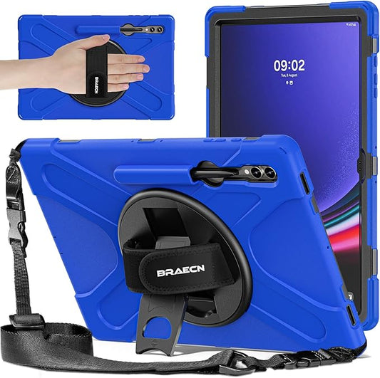 BRAECNstock for Samsung Galaxy Tab S10 Ultra/ S9 Ultra/ S8 Ultra Case 14.6" Shockporoof Protective Heavy Duty Kids Case with Pencil Holder [360 Rotating Strap]& Stand, Shoulder Strap, Blue