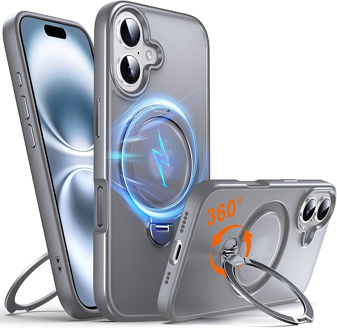 360° O-Ring MagStander for iPhone 16 Case with Magnetic Kickstand Ring Holder [Compatible with MagSafe][360°Rotate Stand Ring][Military Shockproof] Magnet iPhone 16 Phone Cover Matte Grey