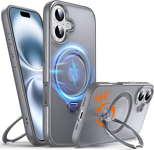 360° O-Ring MagStander for iPhone 16 Case with Magnetic Kickstand Ring Holder [Compatible with MagSafe][360°Rotate Stand Ring][Military Shockproof] Magnet iPhone 16 Phone Cover Matte Grey