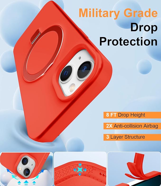ZHK Liquid Silicone Designed for iPhone 15 Case with Magnet Stand, [Mil-Grade Drop Shockproof][Soft Anti-Scratch Microfiber Lining] Slim Fit Cover, Red