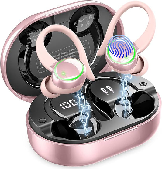 Wireless Earbuds, Bluetooth 5.4 Headphones Sports, 50H Playback Over-Ear Buds with ENC Noise Cancelling Mic, Deep Bass Fitness Earphones with Earhooks, IP7 Waterproof Headset for Workout Rose