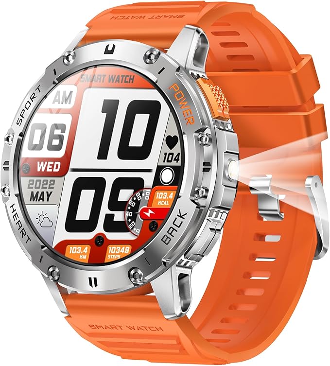 1.43" Amoled Ultra Military Smart Watch for Men(Answer/Dial Calls) 100+Sports Modes,5ATM Waterproof 530mAh Large Battery Super Long Standby with LED Flashlight,Heart Rate,SpO2,BP Android iOS