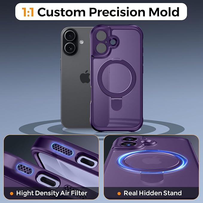 MOCCA Compatible with iPhone 17 Case with Magnetic Invisible Stand [Full Camera Protection] [Compatible with Magsafe] Military Drop Shockproof Translucent Matte Phone Case Cover 6.3",Deep Purple