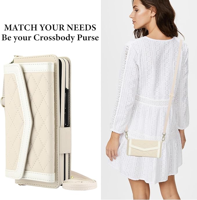 for Samsung Galaxy Z Fold 7 Wallet Case - Stitching Pattern RFID Blocking Card Holder, S Pen Slot Crossbody Strap, Full Body Protection Flip Cover for Women White