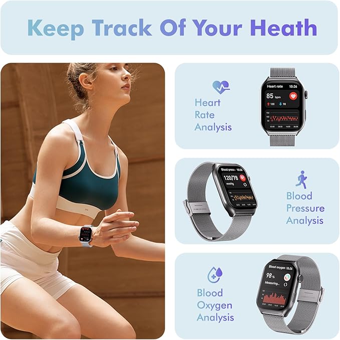 YMS Android Smart Watch for Women - Bluetooth Call,Compatible with Android & iOS，2.0" HD, Heart Rate/Sleep/Step Tracker, 100+ Sports Modes,IP68 Waterproof Men Fitness Tracker (Silver(Milanese))