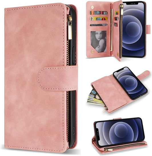 ZZXX for iPhone 12 Case Wallet,iPhone 12 Pro Wallet Case with Card Slot Premium Soft PU Leather Zipper Flip Folio Wallet with Wrist Strap Kickstand Protective for iPhone 12 Wallet Case(Pink 6.1 inch)
