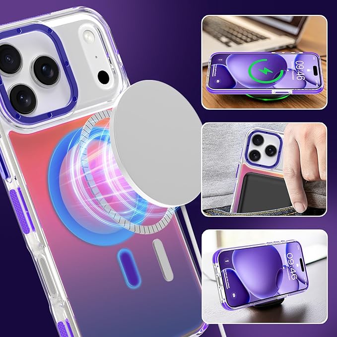 MOWIME Magnetic Case for iPhone 17 Pro [Compatible with Magsafe] [Cute Fashion Fluorescent Design] [1 Screen Protector] Slim Translucent Matte Case for iPhone 17 Pro 6.3" 2025, Purple