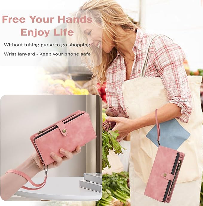 TwoHead for Samsung Galaxy S24 Plus Wallet Case with Card Holder, Detachable Magnetic Phone Case for S24 Plus,PU Leather All-Round Protective Phone Case Wallet with Wrist Strap,Pink