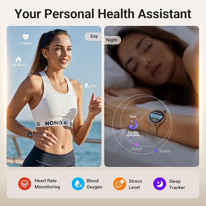 Fitpolo Smart Watch for Women,1.3" AMOLED Touchscreen Fitness Tracker, Make/Answer Calls, Heart Rate SpO2 Monitor,IP68 Waterproof,Sleep Activity Tracking Smartwatch for Android Phones iPhone (Gold)