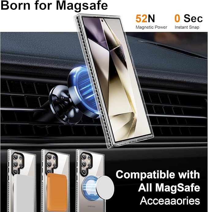 for Samsung Galaxy S24 Ultra Case,Compatible with Magsafe,with 360°Rotatable Magnetic Ring Stand [Wireless Charging], Clear Slim Soft Edge Phone Kickstand,Clear & Black