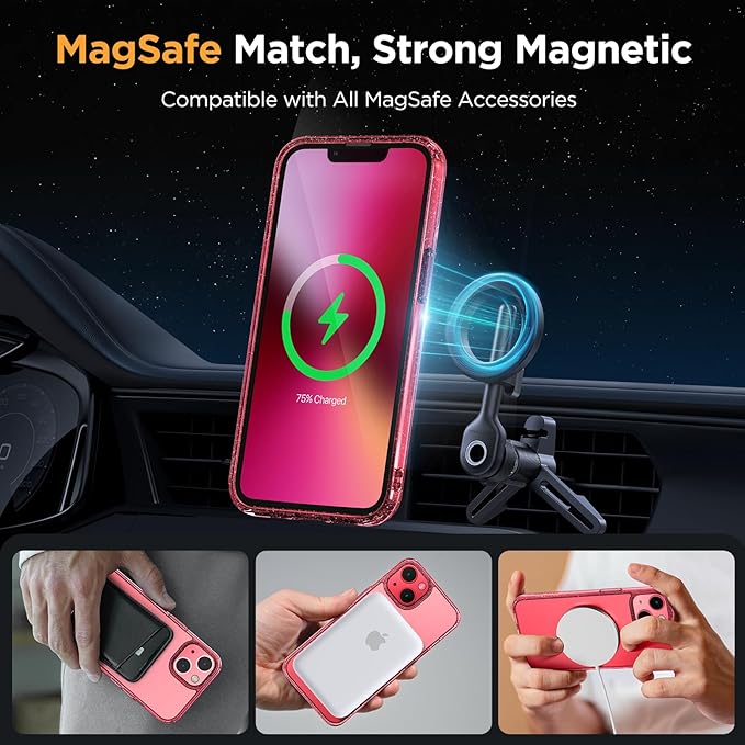 Miracase Magnetic for iPhone 13 Case 6.1 inch (Compatible with MagSafe)（with 2X Screen Protectors） Military-Grade Protection, Anti-Fingerprint Translucent Matte Phone Case Cover, Glitter Red