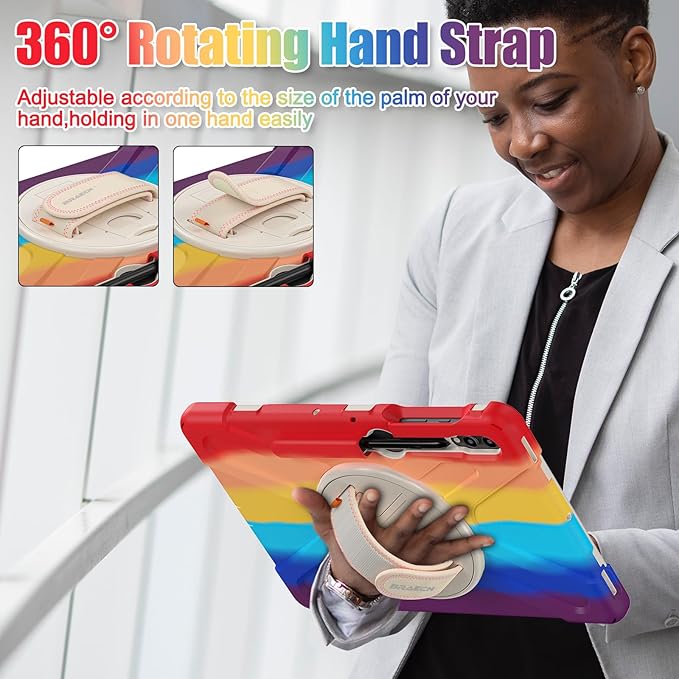 BRAECNstock Kids Case for Samsung Galaxy Tab S10+ Plus/ S9 FE+ Plus/ S9+ Plus/ S8+ Plus/ S7 FE/ S7+ Plus 5G 12.4" Shockproof Protective Cover with Pen Holder Rotating Hand Strap & Stand - Colorful Red