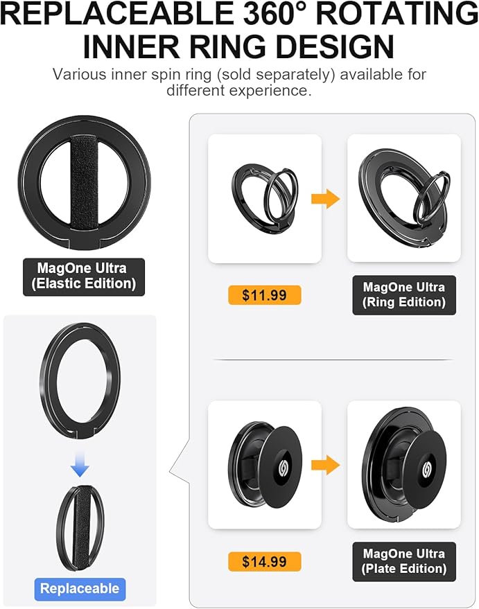 EWA MagOne Ultra for Magsafe Phone Grip Kickstand [Replaceable Elastic Finger Loop], Mag Safe Ring Holder Stand, Two-Sided Magnetic Phone Accessories for iPhone 17,16,15,14,13,12 Pro/Max/Plus-Black