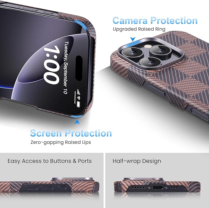 Aramid Fiber Case for iPhone 16 Pro, Compatible with Magnet, Slim & Light, Case-Less Touch Feeling, Checkerboard