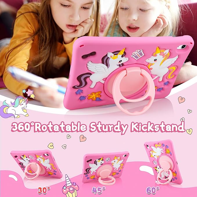 HianDier for iPad A16 Case 11th 2025 iPad 10th Generation Case for Kids Cute Unicorn Silicone Tablet Cover with Detachable Strap and Rotatable Stand Shockproof Cover for iPad 11inch 10.9inch-Rose Pink