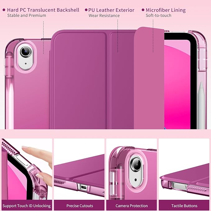 MoKo for iPad (A16) 11th Generation Case 11 Inch 2025, iPad 10th Generation Case 10.9 Inch 2022 with Pencil Holder, Slim Light Trifold Protective Cover with Hard PC Translucent Back Shell, Fuchsia