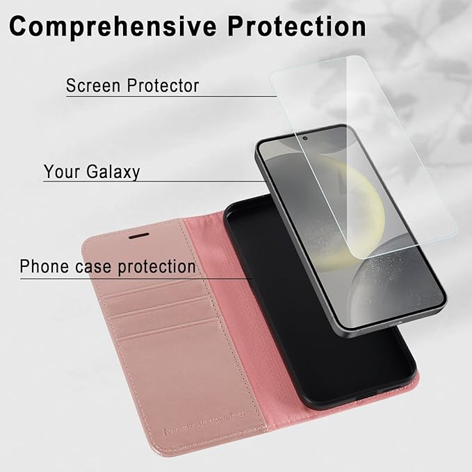 MONASAY Wallet Case Fit for Samsung Galaxy S24+ Plus 5G, [Lens & Glass Screen Protector Included] [RFID Blocking] Flip Folio Leather Cell Phone Cover with Credit Card Holder，6.7 inch, Rosegold
