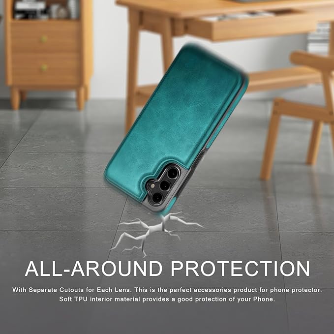 DJDUCK Designed for Samsung Galaxy S25 Case Wallet with Card Holder, [Magnetic Clasp Cover] [RFID Blocking Leather Protection] Shockproof Women Men Cases for Samsung S25 Blue Green