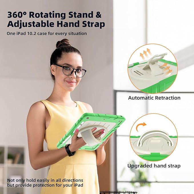 Case for iPad 9th/8th/7th Generation-Built-in Screen Protector,with Pencil Holder&360°Rotating Hand Strap,Shoulder Strap,Case for iPad 10.2 inch 2021-2019(Green/Beige)