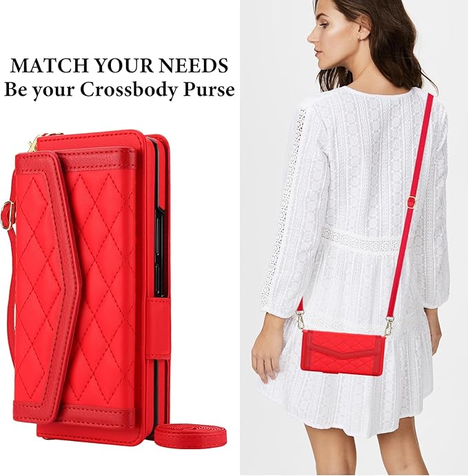 for Samsung Galaxy Z Fold 7 Wallet Case - Stitching Pattern RFID Blocking Card Holder, S Pen Slot Crossbody Strap, Full Body Protection Flip Cover for Women Red