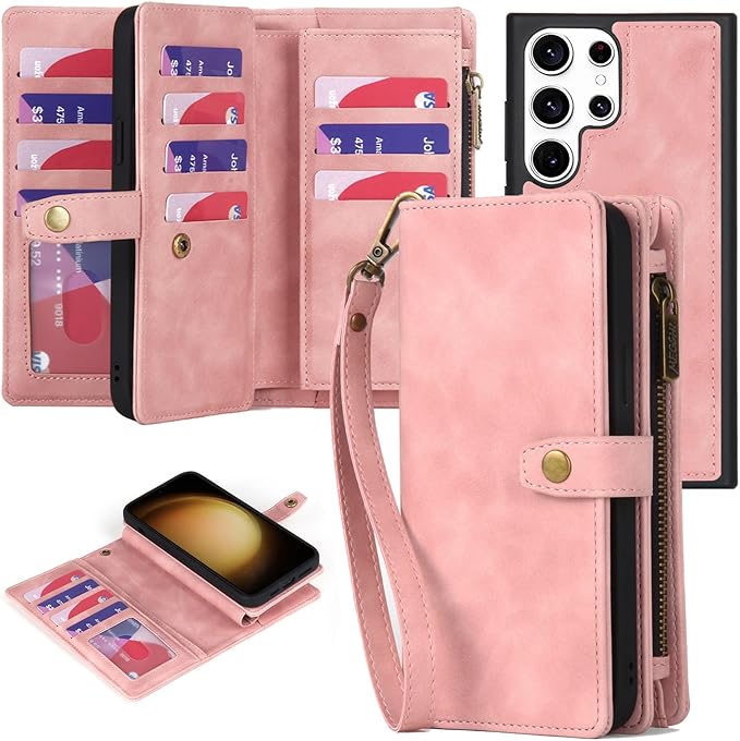 TwoHead for Samsung Galaxy S23 Ultra Wallet Case with Card Holder, PU Leather Detachable Magnetic Phone Case for S23 Ultra 6.8 in(Dream Pink)