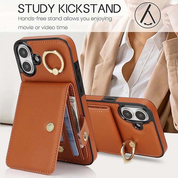 Compatible iPhone 16 Wallet Case with Card Holder RFID Blocking PU Leather Doubles as a Wallet Unisex Flip Shockproof Protection with Card Slots Ring Wrist Kickstand Function,Brown
