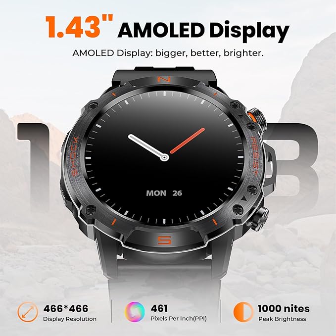 WalkerFit Military Rugged Smart Watch for Men 1.43" AMOLED Smartwatch, Always-on, 3ATM Waterproof for Swim, Accurate HR Sleep Monitor,Bluetooth Call Fitness Watch for iPhone Andriod Compatible, Black