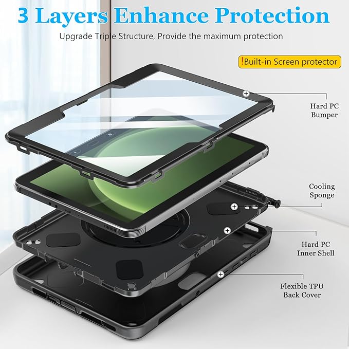 Case for Galaxy Tab Active 5 Pro 2025/4 Pro 2022/2019 10.1 Inch: TPU Cocer with Stand- Screen Protector -Hand Strap - Shoulder Strap - Pencil Holder - Black