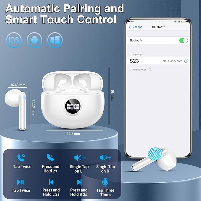 Wireless Earbuds, 2025 Bluetooth 5.3 Headphones HiFi Stereo Ear buds with ENC Noise Cancelling Mics, 40H Bluetooth Earbuds with Dual LED Display, IP7 Waterproof in Ear Earphones for Android iOS, White