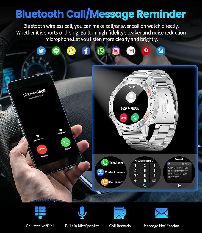 Smart Watch for Men Answer/Make Call for Android iOS, 400mAh Military Smartwatch Blood Oxygen Sleep Monitor Step Counter, 2 Watch Straps, Waterproof Smart Watches Silver