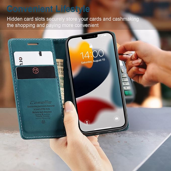 for iPhone 13 Mini Case 5.4", Flip Wallet Leather Case with Card Holder Magnetic Closure Shockproof Kickstand Protective Phone Cases Cover for iPhone 13 Mini,Blue-Green