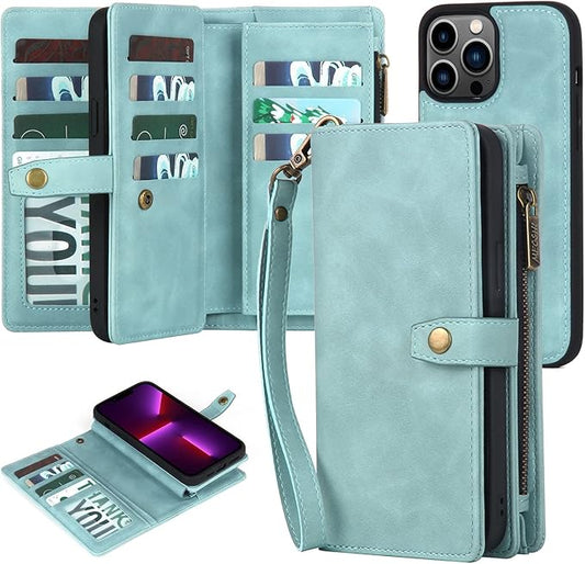 TwoHead for iPhone 13 Pro Wallet Case with Card Holder & Detachable Magnetic Phone Case, PU Leather Shockproof Protective Cover,Wrist Strap(Dream Blue)