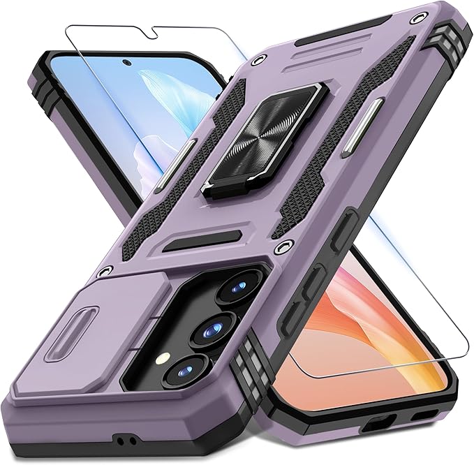 DEERLAMN Case for Samsung Galaxy S24 FE 6.7-Inch with Slide Camera Cover+Screen Protector(1 Pack), Rotated Ring Kickstand Military Grade Shockproof Protective Cover-Deep Purple