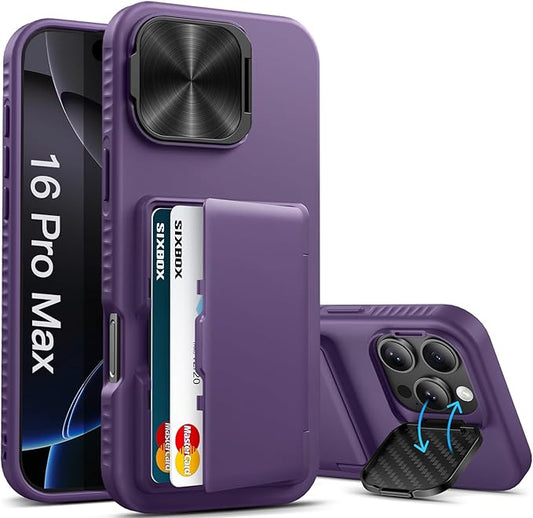 for iPhone 16 Pro Max Case with Kickstand & Card Holder & Camera Lens Cover, Military Grade Drop Protection Shockproof Rugged Stand Phone Cover Case for iPhone 16 Pro Max 6.9", Purple