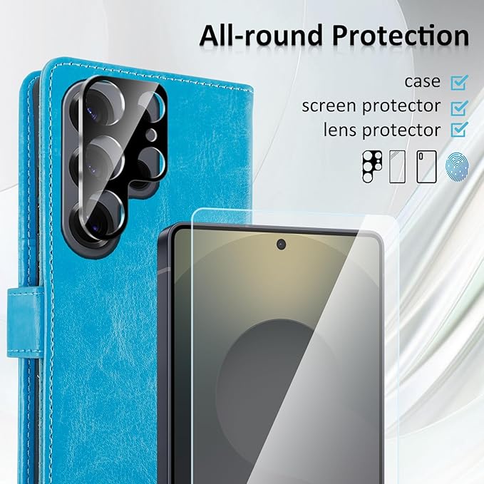 MONASAY Wallet Case Fit for Samsung Galaxy S25 Ultra 6.9 inch, [Lens & Glass Screen Protector Included] [RFID Blocking] Flip Folio Leather Cell Phone Cover with Credit Card Holder, Light Blue
