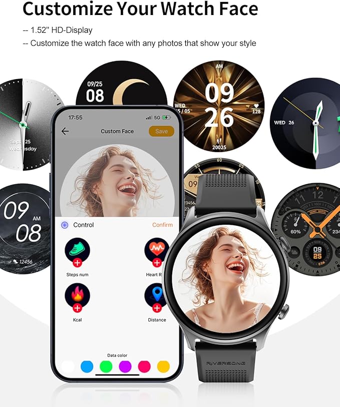 RIVERSONG Smart Watch for Men Women (Answer/Make Call) Compatible with iPhone/Android Phones, 1.52" Fitness Tracker with Heart Rate, Sleep and Blood Oxygen Monitor, 100+ Sport Modes, Pedometer, Black