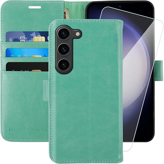 MONASAY Wallet Case Compatible for Galaxy S23 5G,[RFID Blocking] Flip Folio Leather Cell Phone Cover with Credit Card Holder, 6.1 inch, Mint