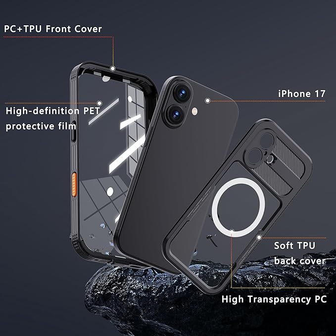 GOLDJU Magnetic for iPhone 17 Case-Waterproof, Built-in Screen & Camera Protector-IP68 Underwater Full Body 16FT Military Dropproof Shockproof Case for 17 6.3''- Black