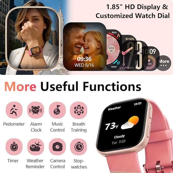 MorePro Smart Watches for Women iPhone Android(Answer/Make Call), 2025 Fitness Trackers with Heart Rate/Blood Pressure/Blood Oxy-gen/Sleep Monitor, 1.85" HD Health Smartwatch with 120+ Sport Modes
