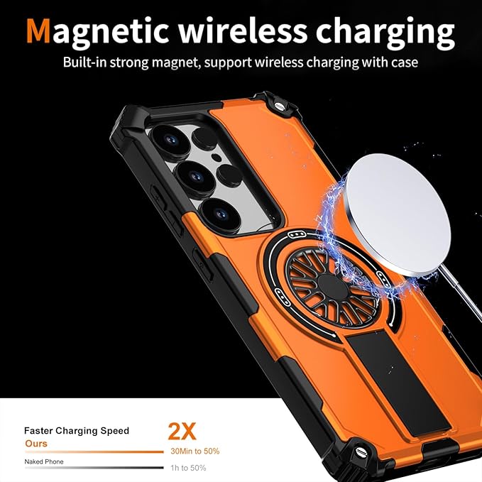 Magnetic Case for Galaxy S23 Ultra, Built-in Stand [Compatible with Mag-Safe] Shockproof Protective Cover Case for Samsung Galaxy S22 Ultra/S23 Ultra Orange