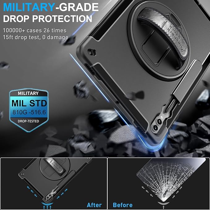 Case for Galaxy Tab S10 Ultra/S9 Ultra/S8 Ultra 14.6 INCH: TPU Protective Cover for Samsung Tablet S9 Ultra/S8 Ultra 14.6" with Stand - Handle - Shoulder Strap - S Pen Holder- Black