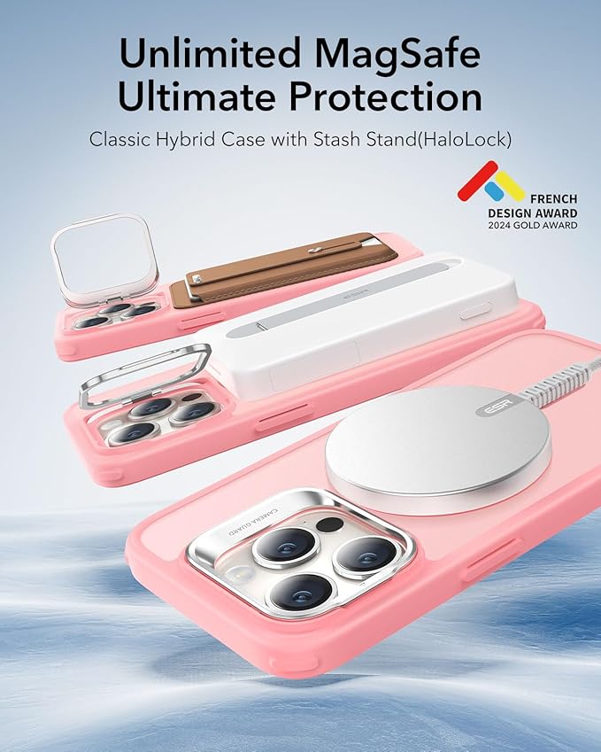 ESR for iPhone 15 Pro Case, Compatible with MagSafe, Military-Grade Protective Case, Built-in Stash Stand Phone Case, Scratch-Resistant Back Cover, Classic Series, Frosted Pink