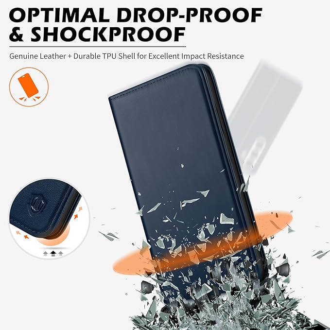 SHIELDON Case for Galaxy S25 5G 6.2", Genuine Leather Flip Wallet Case Kickstand RFID Blocking Credit Card Holder Magnetic Closure Shockproof Cover Compatible with Galaxy S25 2025 - Nappa Navy Blue