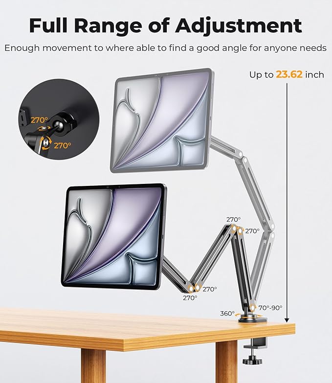 Magnetic Wireless Charging Stand for iPad Pro 12.9, iPad Air 13 M2, Foldable Adjustable Arm Mount with 2M Cable, Aluminum Alloy Tablet Holder for iPad Pro 12.9 3rd/4th/5th/6th